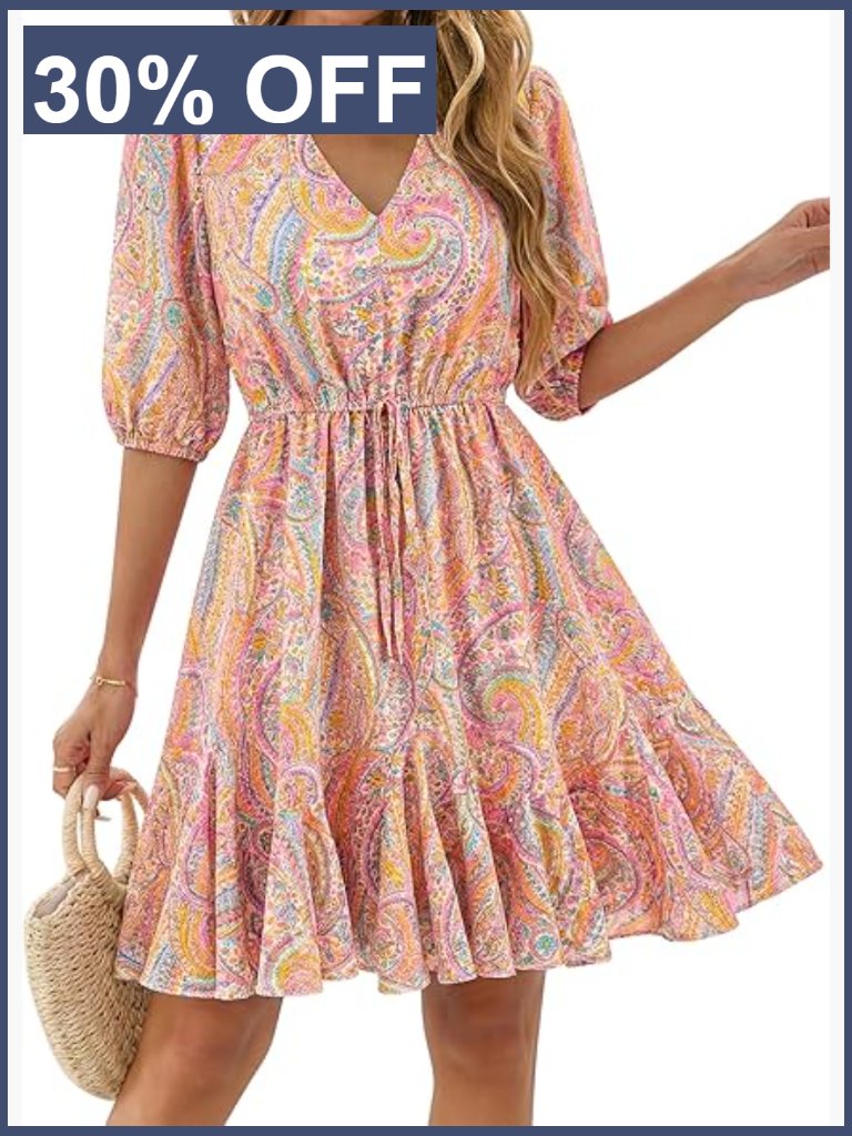 V Neck Short Sleeve Puff Sleeve Mini Dress With Ruffle Hem